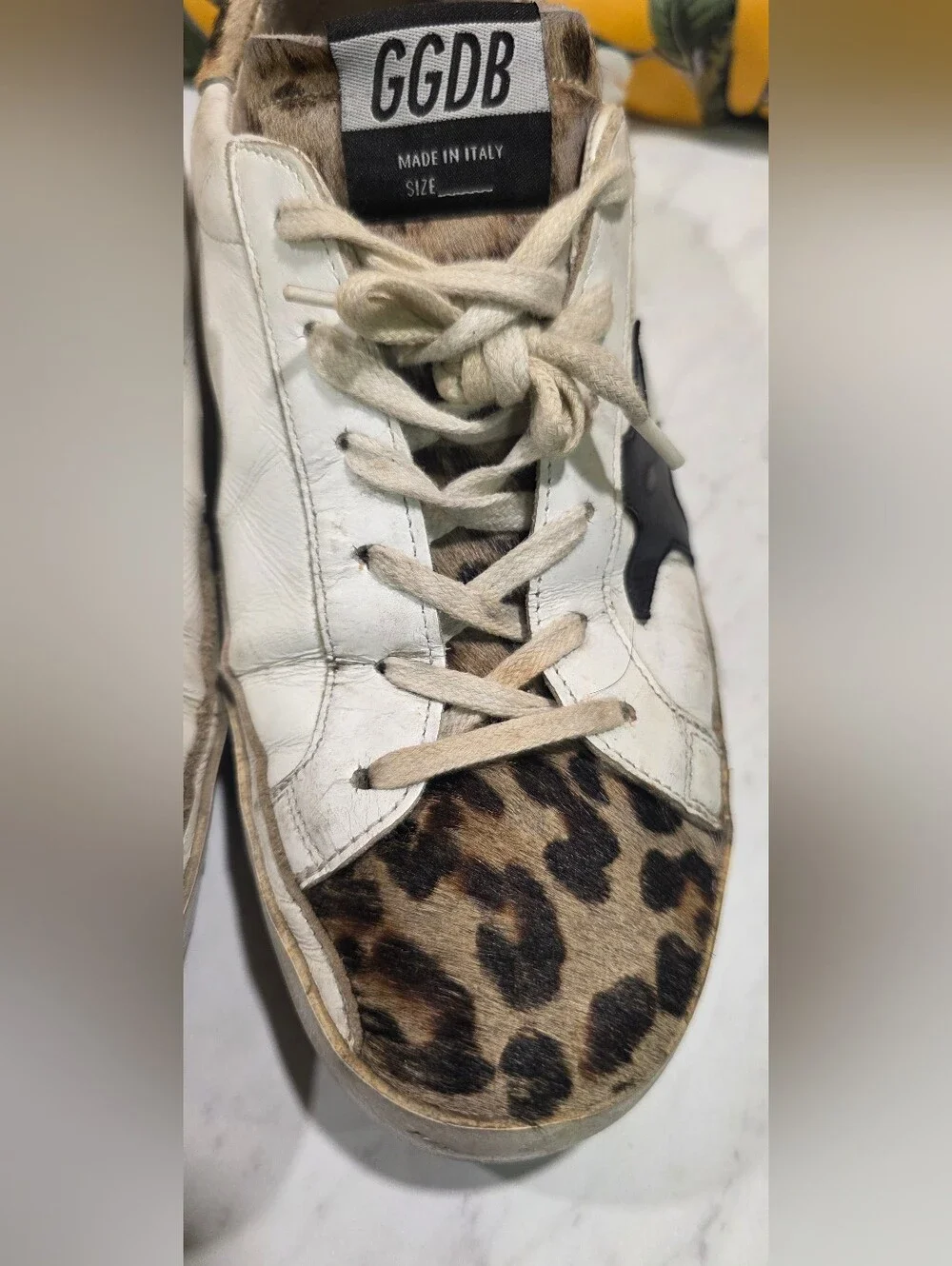 Golden Goose White Leather Sneakers with Leopard Toe and Black Star